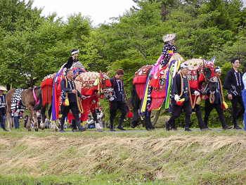 【神社仏閣巡り】岩手山を背景に着飾った馬コが「チャグチャグ」と鈴を鳴らしながら田園風景の中を進む!(H14年盛岡支店勤務時撮影)